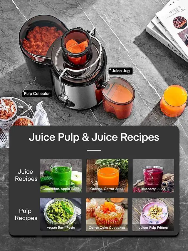 Alt view image 6 of 7 - FOHERE Juicer Machine, Big Mouth Centrifugal Juicer with 3 Speed Setting, Wide 3 Feed Chute for Whole Fruit Vegetable, Juicer Extractor with Quiet Motor and Pulse Function, Easy to Clean