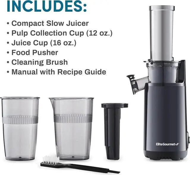 Alt view image 4 of 7 - Elite Gourmet EJX600 Compact Small Space-Saving Masticating Slow Juicer, Cold Press Juice Extractor, Nutrient and Vitamin Dense, Easy to Clean, 16 oz Juice Cup, Charcoal Grey