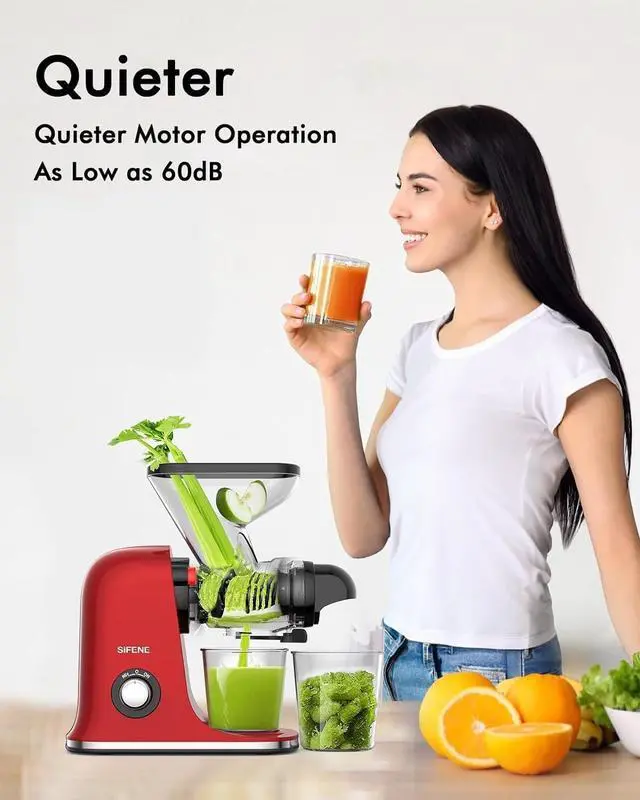 Alt view image 5 of 7 - SiFENE Cold Press Juicer Machine, Slow Masticating Juicer, Vegetable and Fruit Juice Extractor Maker Squeezer, Easy to Clean, BPA Free, Red