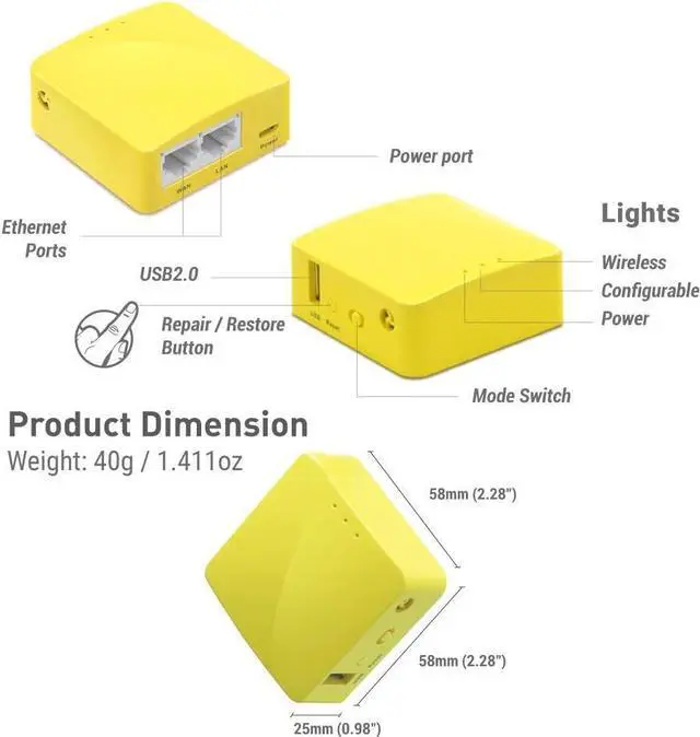 Alt view image 5 of 7 - GL.iNet GL-MT300N-V2(Mango) Portable Mini Travel Wireless Pocket VPN WiFi Router - Access Point/Extender/WDS | OpenWrt | 2 x Ethernet Ports | OpenVPN/Wireguard VPN | USB 2.0 | 128MB RAM