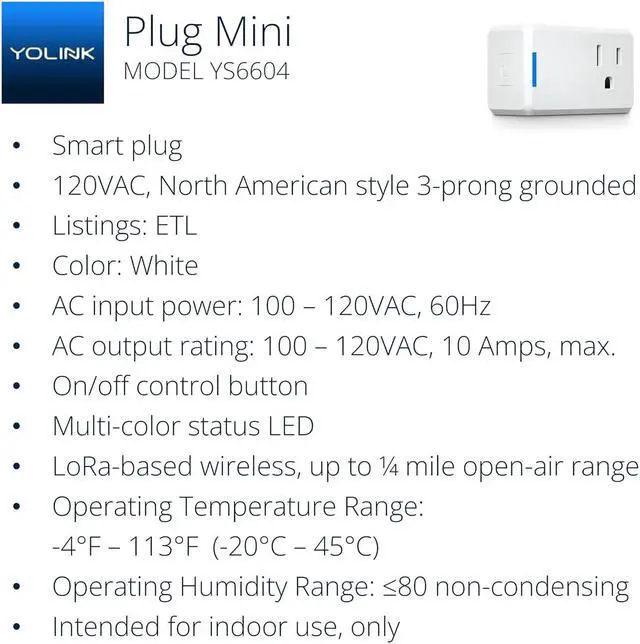 Alt view image 5 of 7 - YoLink Mini Plug, 1/4 Mile World's Longest Range Smart Home Plug Mini Outlet Compatible with Alexa Google Assistant IFTTT App Remote Control Home Appliances from Anywhere- YoLink Hub Required