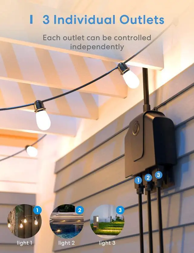 Alt view image 2 of 7 - meross Outdoor Smart Plug, Outdoor Wi-Fi Outlet with 3 Sockets Independently Compatible with Alexa, Google Home and SmartThings, IP44 Waterproof, Voice & Remote Control,Timer, FCC and ETL Certified