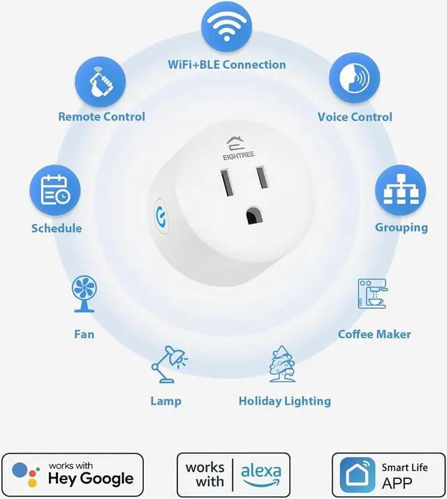 Alt view image 2 of 7 - EIGHTREE Smart Plug, Mini Wi-Fi Plug That Works with Alexa & Google Home, Compatible with SmartThings, Smart Socket with Remote Control & Timer Function, 2.4Ghz Wi-Fi Only, No Hub Required