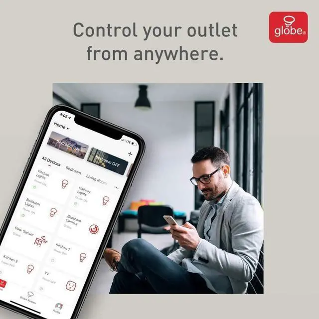 Alt view image 4 of 4 - Globe Electric Wi-Fi Smart Plug, No Hub Required, Voice Activated, 4 Grounded Outlet, (4-Pack, 15A) 50207, White