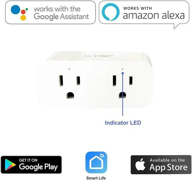 Alt view image 2 of 6 - Smarter Living - Dual Socket Wifi Smart Plug (2 Pack), Powerful 15A 1800w Output, No Hub Required, Works with Alexa, Google Home, Voice Control, Smart Life and Tuya App