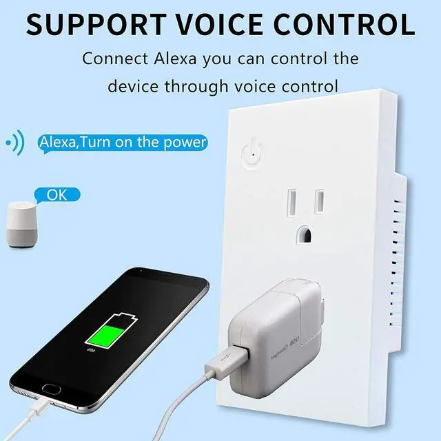 Alt view image 7 of 7 - Zauzau WiFi Smart Socket Outlet 2 AC Individual Control 16A 3000W USB Charger Works with Alexa Echo Google Home Neutral Wire Required cETL Listed FCC Certified White (1 Pack)