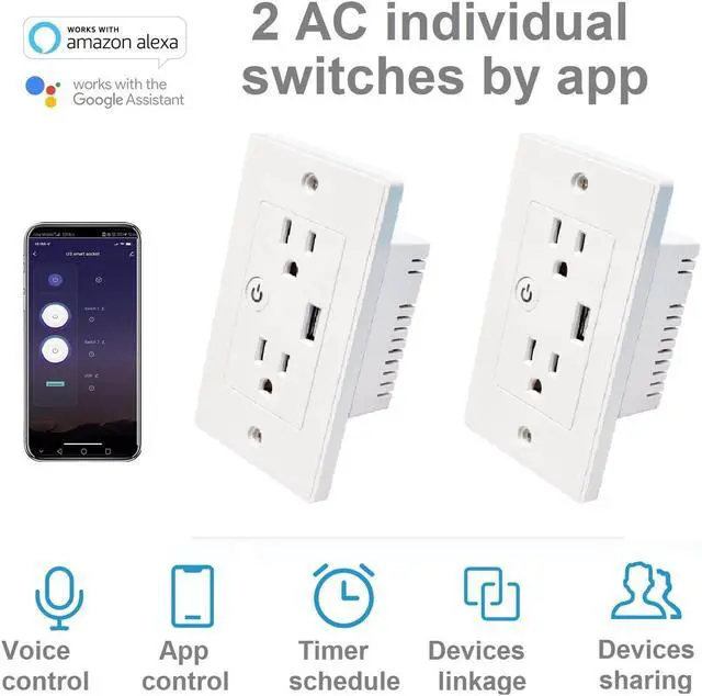 Alt view image 4 of 7 - Zauzau WiFi Smart Socket Outlet 2 AC Individual Control 16A 3000W USB Charger Works with Alexa Echo Google Home Neutral Wire Required cETL Listed FCC Certified White (1 Pack)