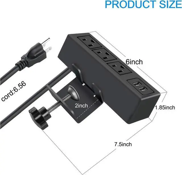 Alt view image 4 of 7 - 3 Outlet Desk Clamp Power Strip, Desk Mount USB Charging Power Station, Removable Desktop Power Center Plugs Output 125V/60HZ/12A/1500W, USB 5V/2.1A 6.56FT Cable