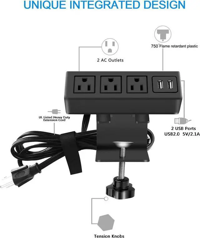 Alt view image 2 of 7 - 3 Outlet Desk Clamp Power Strip, Desk Mount USB Charging Power Station, Removable Desktop Power Center Plugs Output 125V/60HZ/12A/1500W, USB 5V/2.1A 6.56FT Cable