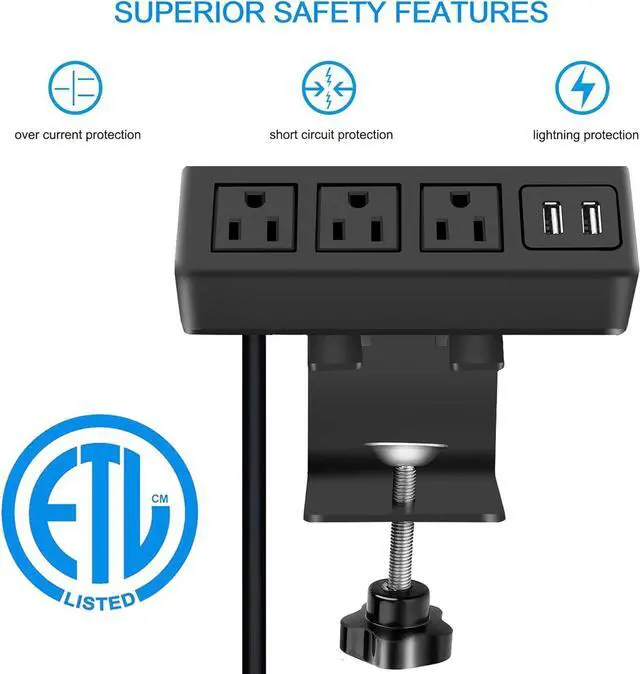 Alt view image 3 of 7 - 3 Outlet Desk Clamp Power Strip, Desk Mount USB Charging Power Station, Removable Desktop Power Center Plugs Output 125V/60HZ/12A/1500W, USB 5V/2.1A 6.56FT Cable