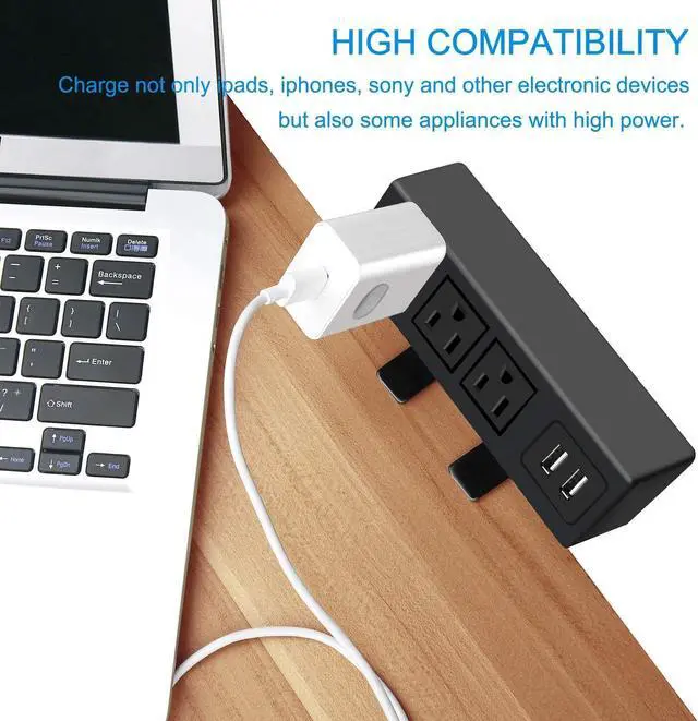 Alt view image 5 of 7 - 3 Outlet Desk Clamp Power Strip, Desk Mount USB Charging Power Station, Removable Desktop Power Center Plugs Output 125V/60HZ/12A/1500W, USB 5V/2.1A 6.56FT Cable