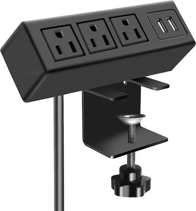 Main image of 3 Outlet Desk Clamp Power Strip, Desk Mount USB Charging Power Station, Removable Desktop Power Center Plugs Output 125V/60HZ/12A/1500W, USB 5V/2.1A 6.56FT Cable