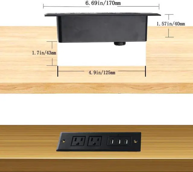 Alt view image 6 of 7 - Desktop Power Plug Outlets, Recessed Power Strip Socket with 3 USB Ports, Conference Table Power Outlet with 2 Plugs, 6.5 ft Long Power Cord for Office, Kitchen, Hotel