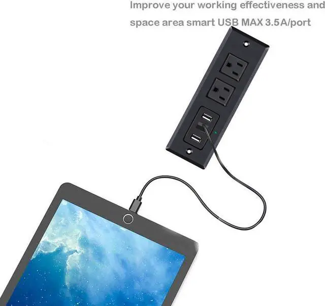 Alt view image 4 of 7 - Desktop Power Plug Outlets, Recessed Power Strip Socket with 3 USB Ports, Conference Table Power Outlet with 2 Plugs, 6.5 ft Long Power Cord for Office, Kitchen, Hotel