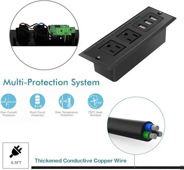 Alt view image 5 of 7 - Desktop Power Plug Outlets, Recessed Power Strip Socket with 3 USB Ports, Conference Table Power Outlet with 2 Plugs, 6.5 ft Long Power Cord for Office, Kitchen, Hotel