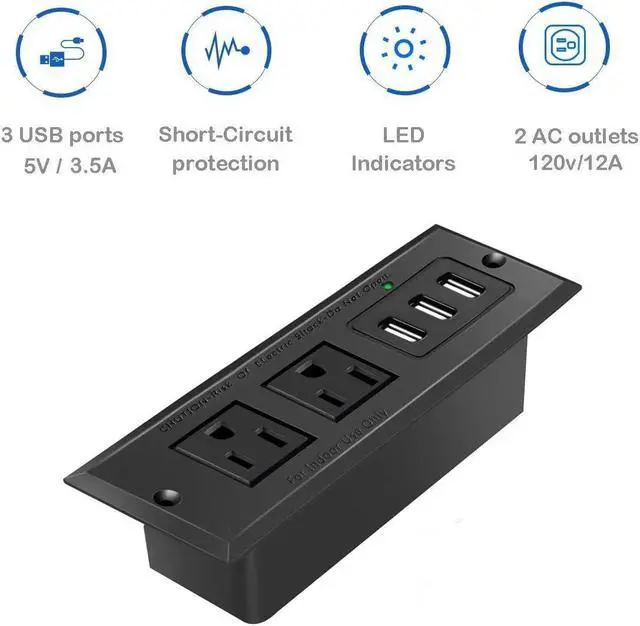 Alt view image 3 of 7 - Desktop Power Plug Outlets, Recessed Power Strip Socket with 3 USB Ports, Conference Table Power Outlet with 2 Plugs, 6.5 ft Long Power Cord for Office, Kitchen, Hotel