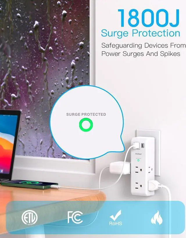 Alt view image 6 of 7 - Surge Protector Outlet Extender - with Rotating Plug, 6 AC Multi Plug Outlet with 3 USB Ports (1 USB C), 1800 Joules, 3-Sided Swivel Power Strip with Spaced Outlet Splitter for Home, Office, Travel
