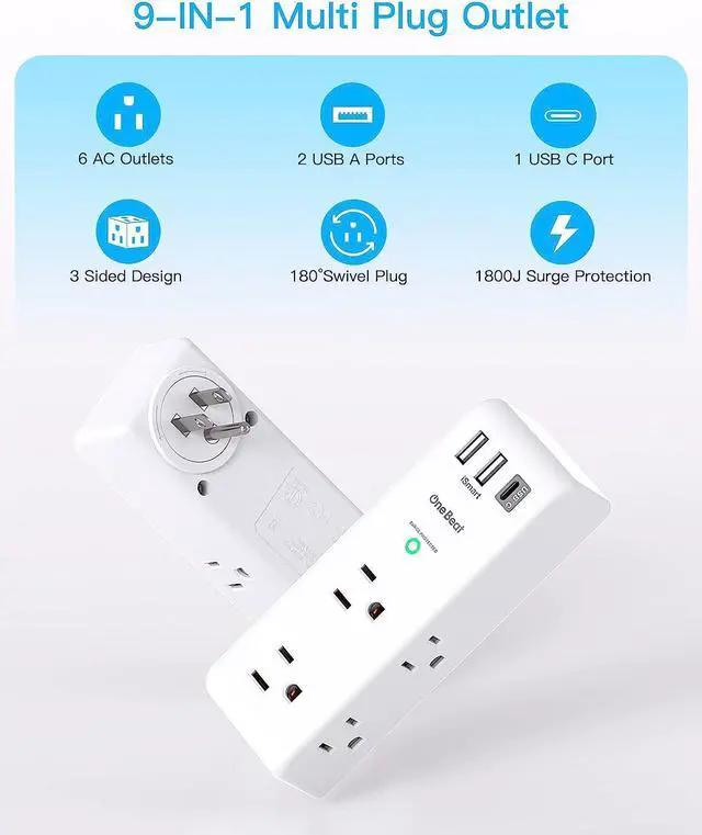 Alt view image 3 of 7 - Surge Protector Outlet Extender - with Rotating Plug, 6 AC Multi Plug Outlet with 3 USB Ports (1 USB C), 1800 Joules, 3-Sided Swivel Power Strip with Spaced Outlet Splitter for Home, Office, Travel