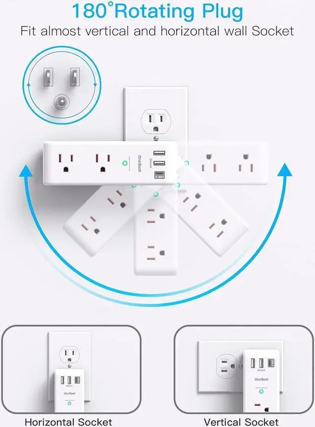 Alt view image 4 of 7 - Surge Protector Outlet Extender - with Rotating Plug, 6 AC Multi Plug Outlet with 3 USB Ports (1 USB C), 1800 Joules, 3-Sided Swivel Power Strip with Spaced Outlet Splitter for Home, Office, Travel