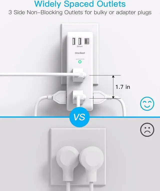 Alt view image 2 of 7 - Surge Protector Outlet Extender - with Rotating Plug, 6 AC Multi Plug Outlet with 3 USB Ports (1 USB C), 1800 Joules, 3-Sided Swivel Power Strip with Spaced Outlet Splitter for Home, Office, Travel