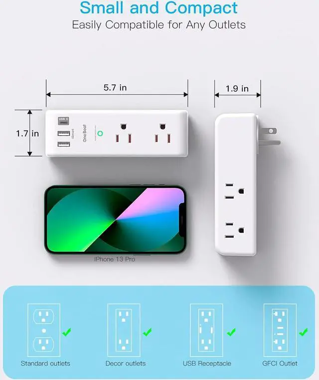 Alt view image 7 of 7 - Surge Protector Outlet Extender - with Rotating Plug, 6 AC Multi Plug Outlet with 3 USB Ports (1 USB C), 1800 Joules, 3-Sided Swivel Power Strip with Spaced Outlet Splitter for Home, Office, Travel