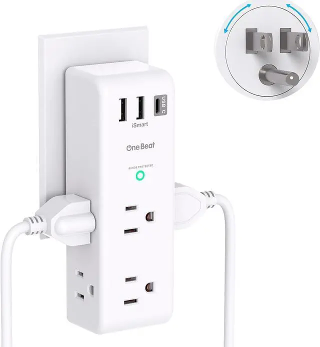 Main image of Surge Protector Outlet Extender - with Rotating Plug, 6 AC Multi Plug Outlet with 3 USB Ports (1 USB C), 1800 Joules, 3-Sided Swivel Power Strip with Spaced Outlet Splitter for Home, Office, Travel