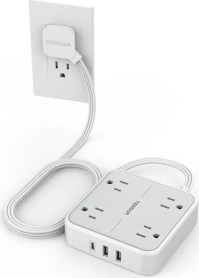 Main image of Flat Plug Power Bars with Surge Protector, Flat Extension Cord Indoor 5 Feet, TESSAN Power Strip with 4 Multiple Outlets 3 USB Ports (1 USB C), Surge Protection for Dorm Room Home Office, Gray