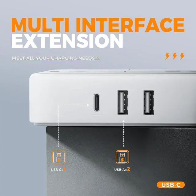 Alt view image 2 of 7 - Flat Plug Power Bars with Surge Protector, Flat Extension Cord Indoor 5 Feet, TESSAN Power Strip with 4 Multiple Outlets 3 USB Ports (1 USB C), Surge Protection for Dorm Room Home Office, Gray