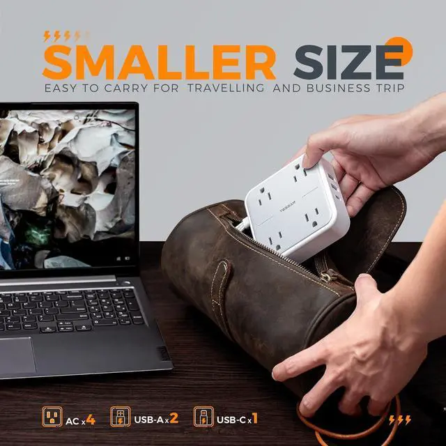 Alt view image 3 of 7 - Flat Plug Power Bars with Surge Protector, Flat Extension Cord Indoor 5 Feet, TESSAN Power Strip with 4 Multiple Outlets 3 USB Ports (1 USB C), Surge Protection for Dorm Room Home Office, Gray