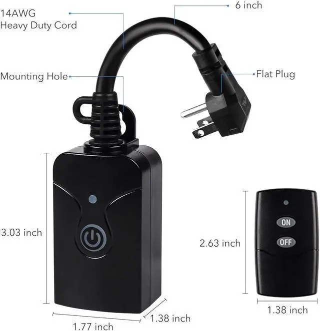 Alt view image 7 of 7 - HBN Outdoor Indoor Wireless Remote Control 3-Prong Outlet Weatherproof Heavy Duty 15 A Compact 1 Remote 1 Outlet with Remote 15cm Cord 30m Range ETL Listed (Battery Included)