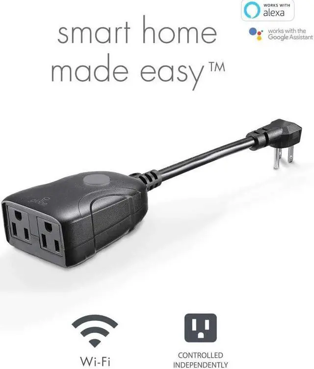 Alt view image 2 of 5 - Globe Electric Wi-Fi Smart 2-Outlet Outdoor Plug, No Hub Required, Voice Activated, Independently Controlled Grounded Outlets, 5.5in Cord, Black (1-Pack, 15A) 50151