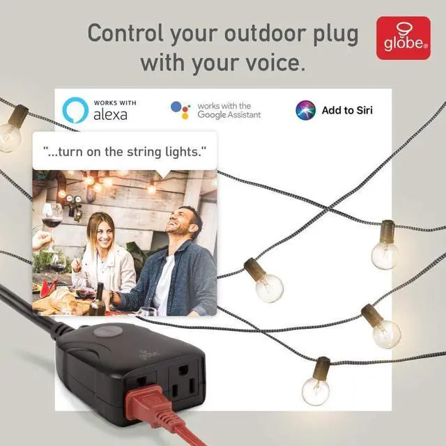 Alt view image 5 of 5 - Globe Electric Wi-Fi Smart 2-Outlet Outdoor Plug, No Hub Required, Voice Activated, Independently Controlled Grounded Outlets, 5.5in Cord, Black (1-Pack, 15A) 50151