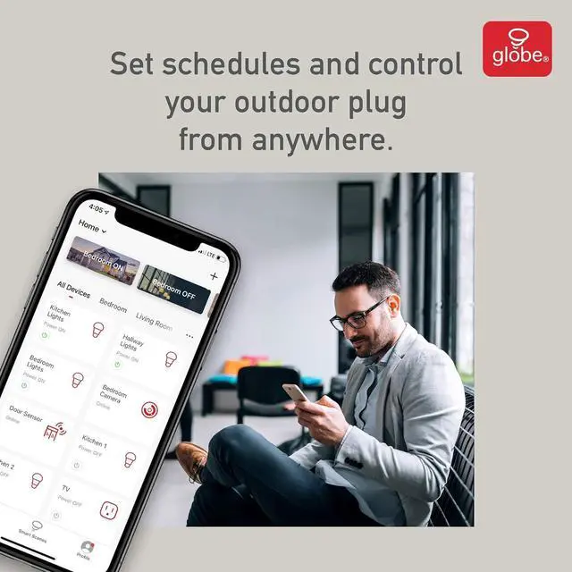 Alt view image 3 of 5 - Globe Electric Wi-Fi Smart 2-Outlet Outdoor Plug, No Hub Required, Voice Activated, Independently Controlled Grounded Outlets, 5.5in Cord, Black (1-Pack, 15A) 50151