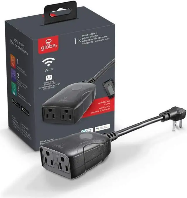 Main image of Globe Electric Wi-Fi Smart 2-Outlet Outdoor Plug, No Hub Required, Voice Activated, Independently Controlled Grounded Outlets, 5.5in Cord, Black (1-Pack, 15A) 50151