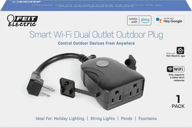 Alt view image 2 of 7 - Feit Electric Smart Outdoor Plug, WiFi Waterproof Plug, 2 Grounded Sockets, Works with Alexa and Google Assistant, App Controlled, 15 Amp Indoor/Outdoor 2 Outlet Plug, Black, Plug/WiFi/WP