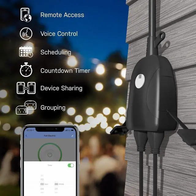 Alt view image 5 of 7 - Feit Electric Smart Outdoor Plug, WiFi Waterproof Plug, 2 Grounded Sockets, Works with Alexa and Google Assistant, App Controlled, 15 Amp Indoor/Outdoor 2 Outlet Plug, Black, Plug/WiFi/WP