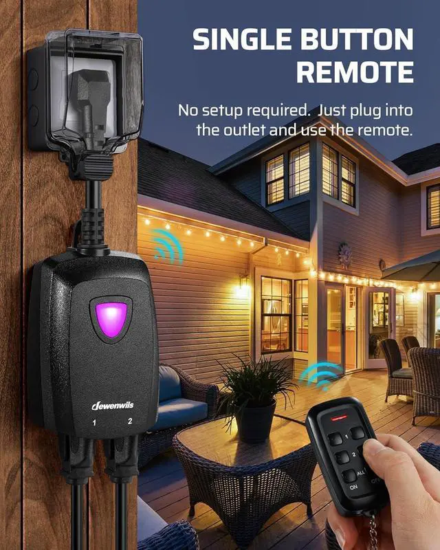 Alt view image 2 of 7 - DEWENWILS Outdoor Wireless Remote Control Outlet, 2 Independent Control Sockets Weatherproof Electrical Remote Control Switch, 15A Heavy Duty, 7 Inch Extension Cord, 100 FT Range, FCC Listed