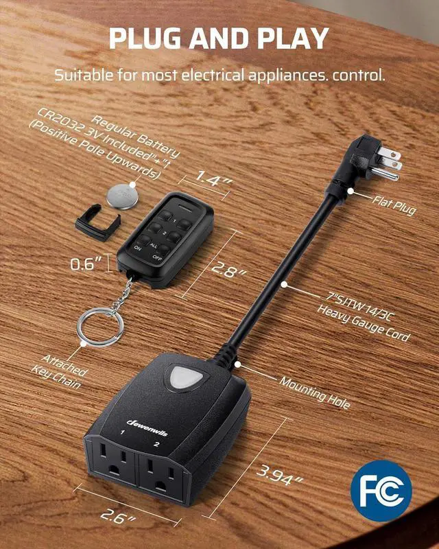 Alt view image 3 of 7 - DEWENWILS Outdoor Wireless Remote Control Outlet, 2 Independent Control Sockets Weatherproof Electrical Remote Control Switch, 15A Heavy Duty, 7 Inch Extension Cord, 100 FT Range, FCC Listed