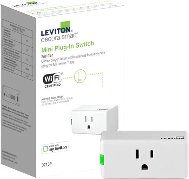 Main image of Leviton D215P-2RW Decora Smart Wi-Fi Mini Plug-in Switch (2nd Gen), Works with Hey Google, Alexa, Apple HomeKit/Siri, and Anywhere Companions, No Hub Required , White