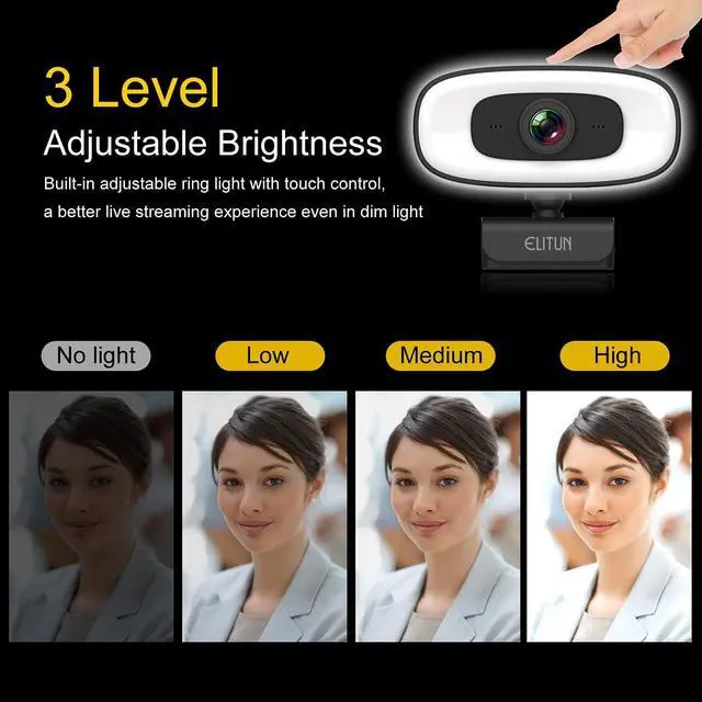 Alt view image 3 of 6 - 2k Webcam with Ring Light for Gaming Video Calling Recording and Conferencing, Streaming Webcam for PC Mac Laptop Desktop, Wide Angle Web Camera, Built in Noise Cancelling Microphone, Plug and Play