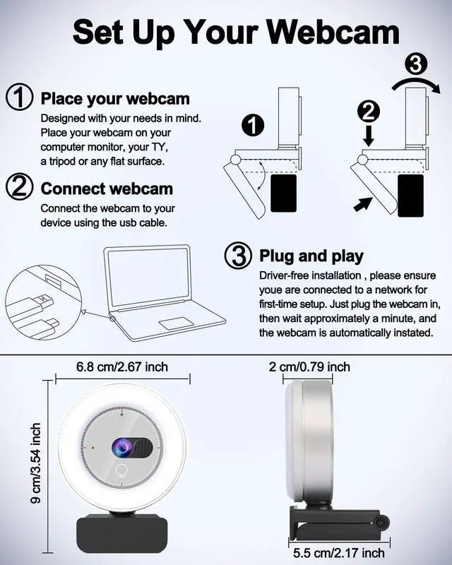 Alt view image 7 of 7 - Webcam with Light - 1080P Webcam for PC with Built-in Privacy Cover & Mic, Camii StreamCam, Plug and Play, Web Camera for Streaming, Online Learning, Zoom Meeting Skype Teams, Mac Laptop Desktop