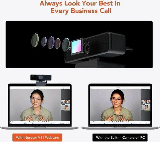 Alt view image 2 of 7 - NUROUM V11 2K Webcam for PC, with Noise-Cancelling Microphone & Privacy Cover, 90° Wide Angle 1080P/60fps, USB Plug&Play Computer Web Camera for Laptop/Desktop, Video Calling/Conferencing, Zoom/Skype