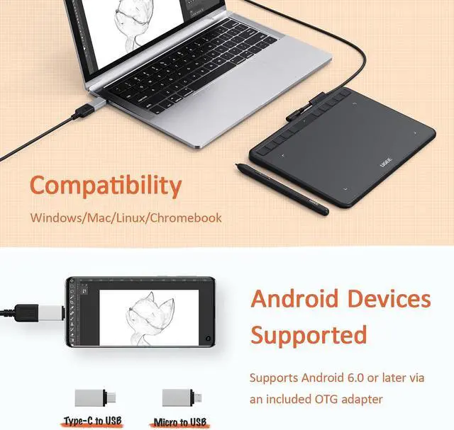 Alt view image 6 of 7 - UGEE Drawing Tablet S640 Digital Graphics Pad with Battery-Free Stylus Tilt Function 8192 Pressure Sensitivity 10 Express Keys Pen Tablet for Beginner Support Windows Mac Linux Android
