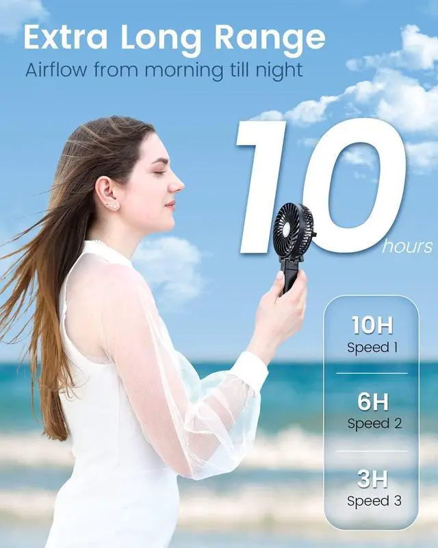Alt view image 4 of 7 - Handheld Fan, EasyAcc Personal Fan Powefull Portable Fan with 3 Speeds [LIFETIME SERVICE] 6 Blades 180° Foldable MINI USB Fan Desk Fan Small Table Rechargeable Fan for Travel Camping Outdoors - Black
