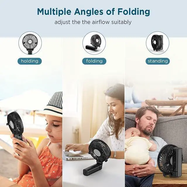 Alt view image 3 of 7 - Handheld Fan, EasyAcc Personal Fan Powefull Portable Fan with 3 Speeds [LIFETIME SERVICE] 6 Blades 180° Foldable MINI USB Fan Desk Fan Small Table Rechargeable Fan for Travel Camping Outdoors - Black