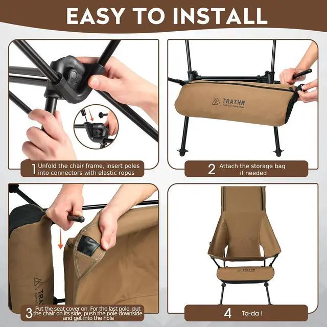 Alt view image 3 of 6 - TRATHM Portable Camping Chair High Back Foldable Chair for Lawn & Outdoor Hiking, Picnic, Beach, Brown