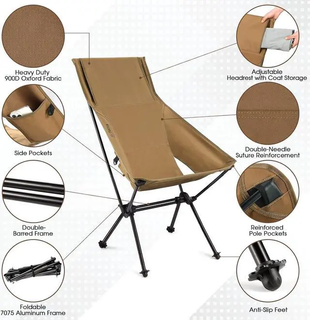 Alt view image 4 of 6 - TRATHM Portable Camping Chair High Back Foldable Chair for Lawn & Outdoor Hiking, Picnic, Beach, Brown