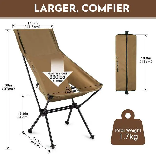 Alt view image 6 of 6 - TRATHM Portable Camping Chair High Back Foldable Chair for Lawn & Outdoor Hiking, Picnic, Beach, Brown