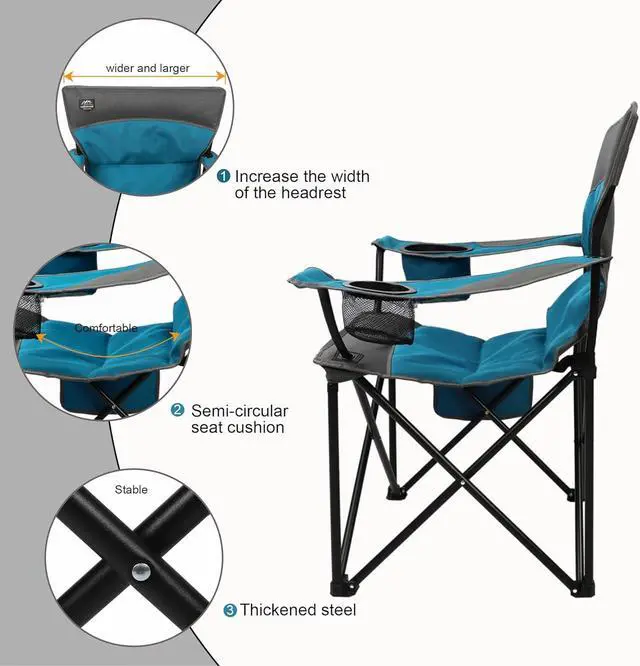 Alt view image 4 of 6 - LANMOUNTAIN Oversized Folding Camping Chair,Heavy Duty Padded Portable Lawn Chair w/Extra Large Cup Holder,Side Pocket for Adults Outdoor Sports Hiking Beach Garden Picnic,Blue