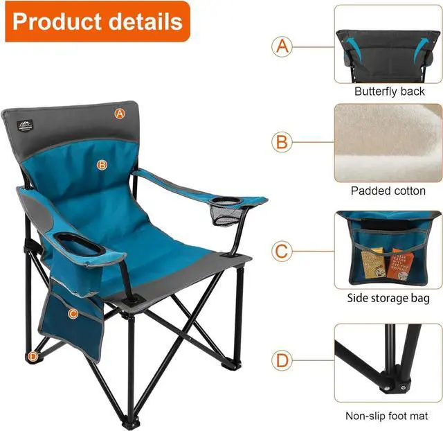 Alt view image 2 of 6 - LANMOUNTAIN Oversized Folding Camping Chair,Heavy Duty Padded Portable Lawn Chair w/Extra Large Cup Holder,Side Pocket for Adults Outdoor Sports Hiking Beach Garden Picnic,Blue